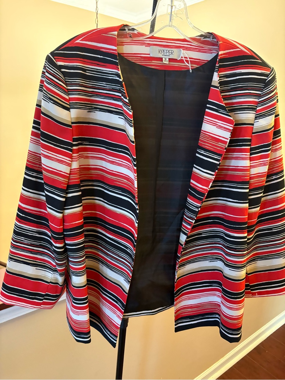Kasper Women's Red, Black & White Striped Open Blazer